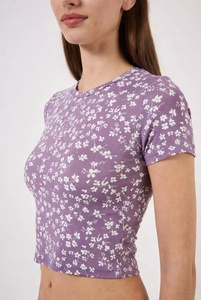 Women Floral Print <b>Crop</b> <b>Top</b> Short Sleeve Crew Neck Slim Fit Casual Summer T-Shirt Breathable Knitted Spandex Cotton - Product Image 5