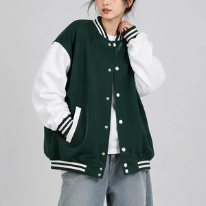 Veste universitaire marron avec manches crème, fermeture à boutons contrastés, col rabattu, vêtement d'automne pour femme - Product Image 3