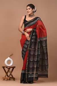 Sari en soie Chanderi pure imprimé à la main avec pièce de blouse – Sari élégant en soie Chanderi pure – Vêtement ethnique imprimé à la main - Product Image 3