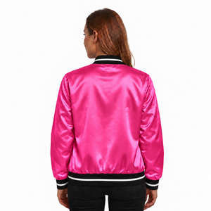 Chaqueta Varsity Rosa de Satén para Mujer, Manga Larga, Cuello Camisero, Ribete en Contraste, Resistente al Viento, Transpirable, 100% Poliéster - Product Image 3