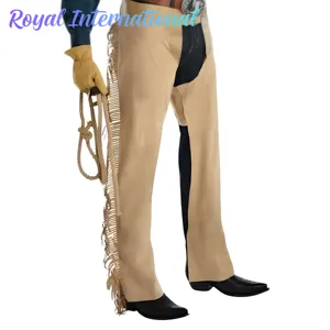 Chaps de cowboy en daim beige faits à la main Royal International avec franges, équipement de protection pour les jambes pour l'équitation et le rodéo, pour hommes - Product Image 1