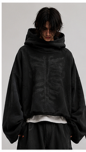 Hoodie à capuche large et épais en tissu délavé, imprimé ton sur ton, style streetwear - Product Image 2