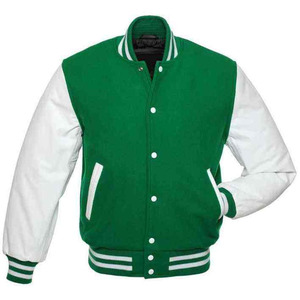 Veste universitaire unisexe personnalisée verte et blanche, imperméable et coupe-vent, avec corps en laine et manches en cuir – Vente en gros fabricant - Product Image 1