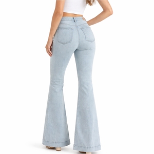 Vaqueros acampanados de mezclilla azul claro para mujer, corte ajustado, elásticos, estilo retro, informales, lisos, con etiqueta personalizada - Product Image 3