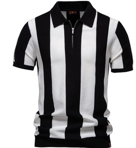 Men's Striped Knitted <b>Polo</b> Shirt Short Sleeve Zipper Casual Design <b>Orange</b> Beige Color Blocked Regular Fit - Product Image 4