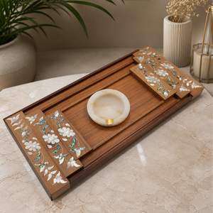 Mother of Pearl Inlay Wooden Serving <b>Tray</b> Hexagonal Design | Handmade Ramadan Eid Decor <b>Tray</b> | Luxury Kitchenware Serving <b>Tray</b> - Product Image 4