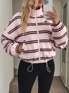 Custom Logo Women Sweatshirts Full Zip Striped Oversized Drop Shoulder Fleece Bomber <b>Jacket</b> Casual Streetwear Hoodies Wholesale - Product Image 5