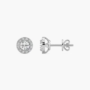 Boucles d'oreilles classiques Halo avec diamants de laboratoire taille brillant rond en or blanc 14 carats, bijoux tendance pour femmes, certifiés IGI - Product Image 1