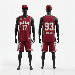 Uniforme de baloncesto transpirable de poliéster GSM entrelazado para hombre, color granate y crema, con paneles diagonales cosidos y logotipo personalizado. - Product Image 2