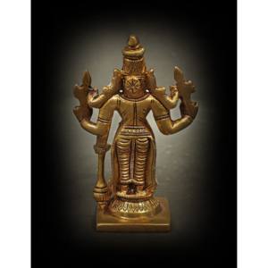 Escultura de latón de 4 pulgadas hecha a mano de Chaturbhuja Bhagawan Vishnu pequeño artículo de regalo indio hecho en India - Product Image 3