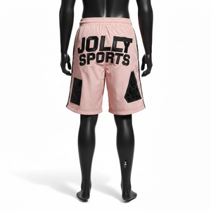 Pantalones cortos cortavientos de poliéster taslan premium de 130 GSM, color rosa con paneles laterales negros, parche de goma con bordado de logotipo personalizado para hombre. - Product Image 3