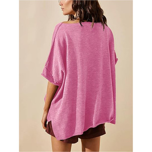 T-shirt unisexe surdimensionné à col rond, manches courtes, couleur unie, tricoté, coupe ample, écologique, 180g, rose, toutes saisons, vêtements décontractés, 100% coton - Product Image 2