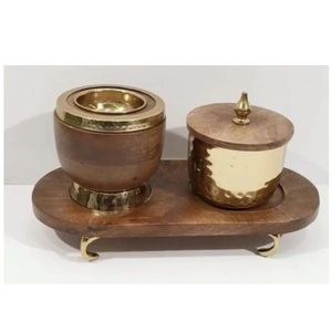Encensoir en bois doré avec bol en laiton martelé et plateau, support aromatique fait main - Product Image 4