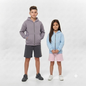 Conjunto Deportivo Informal para Niños, Sudadera con Capucha y Cremallera, Pantalones Cortos de Algodón Transpirable de Color Sólido y Manga Larga - Product Image 1