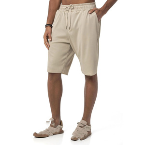 Ensemble t-shirt et short pour homme en coton beige à manches courtes, col rond, vêtements décontractés d'été, tissu respirant en maille - Product Image 4