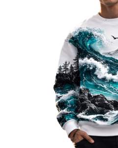 Sudadera Personalizada con Estampado de Olas del Océano en Color Blanco y Verde Azulado, Sudadera Informal con Cuello Redondo para Hombre, Sublimación Personalizada, Ropa Urbana, Top de Otoño e Invierno - Product Image 3
