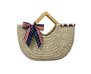 Sac à main en jacinthe d'eau tressée patriotique avec poignée en bois, nœud drapeau et perles décoratives pour usage quotidien, fabriqué au Vietnam - Product Image 2