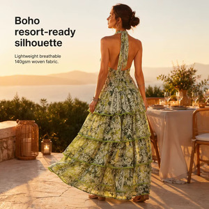Women's Green Paisley Print Halter <b>Maxi</b> <b>Dress</b> Tiered Ruffle <b>Chiffon</b> Boho Summer Party Gown - Product Image 1