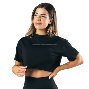 Top corto para mujer, Camiseta extragrande de algodón 100%, camiseta de manga corta de entrenamiento con logotipo personalizado, Top corto transfronterizo para mujer - Product Image 3