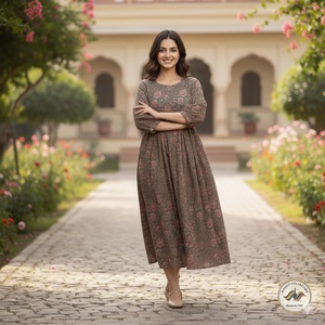Floral A LINE Cotton Floor Length Dress O Neck <b>Three</b> Quarter Puff Sleeves Women's Daily Wear Embroidery Summer Outfit - Product Image 4
