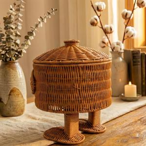 Panier tressé fait main avec pieds, joli bac de rangement avec couvercle, poubelle Kawaii, décoration de chambre d'enfant, cadeau de pendaison de crémaillère - Product Image 3