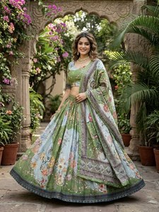 Ensemble Lehenga Choli en soie traditionnelle indienne moderne pour femmes avec broderie élégante et dupatta assorti pour les tenues de mariage - Product Image 1