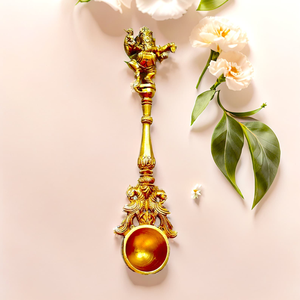 Cuillère à Havan du Dieu Ganesha pour les rituels de Puja hindoues, finition or antique, louche décorative religieuse, artisanat indien traditionnel - Product Image 2