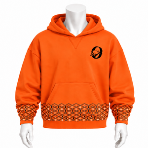 Sweat-shirt à capuche pour homme en molleton épais, orange, avec bordure brodée, ourlet décoratif, poche kangourou, style streetwear décontracté - Product Image 1