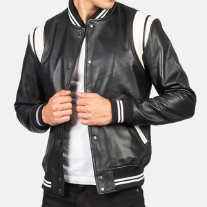 Chaqueta Varsity de Cuero PU Negra para Hombre con Paneles Blancos y Cierre de Botones, Ropa Casual de Otoño - Product Image 4