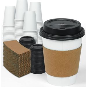 Paquete de 200 Vasos de Papel Desechables de 12 oz con Tapas y Fundas para Café Caliente, Chocolate Caliente, Cacao y Otras Bebidas - Product Image 1