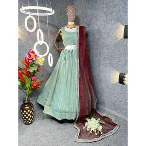 MODE ORGANZA CRUSHED MOONLIGHT MÉTALLIQUE TRICOT PLISSÉ LEHENGA CHOLI AVEC DUPATTA DEA VERT - Product Image 1