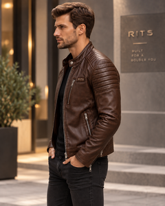 Veste moto en cuir véritable marron pour homme RITS, col montant, fermeture éclair, coupe ajustée, pour l'automne, prix de gros avantageux - Product Image 3