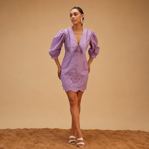 Vestido Bohobi Clásico Lila de Primera Calidad 100% Lino, Corte en A, Cuello Mandarín, Sin Mangas, Bordado, Casual - Product Image 1
