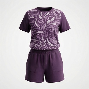 Conjunto de 2 Piezas para Mujer, Camiseta de Manga Corta y Pantalones Cortos por Encima de la Rodilla, Estampado Floral, Ropa Casual, Traje de Poliéster Tejido - Product Image 1