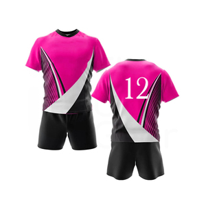 Ensemble short et maillot de rugby unisexe rose et noir, sublimé, anti-humidité, coupe athlétique, toutes saisons, manches courtes, col rond - Product Image 3