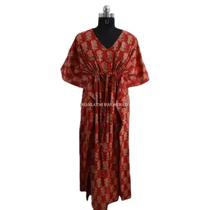 लाल रंग नरम और आरामदायक शाम ढीला अंगरखा कपास Ajrakh प्रिंट मातृत्व पहनने कफ्तान पोशाक थोक पजामा समुद्र तट पहनने