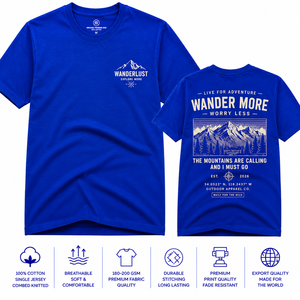 Camiseta Azul de Manga Corta para Hombre Wanderlust, Cuello Redondo, Corte Regular, 100% Algodón, Diseño de Montaña Estampado en la Parte Delantera, Ecológica, Informal - Product Image 1