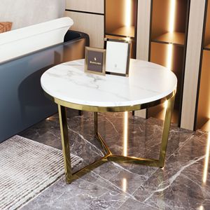 Modern 2-Piece White and <b>Marbling</b> Top <b>Coffee</b> <b>Table</b> <b>Set</b> with Gold Base Nesting Round Design - Product Image 3