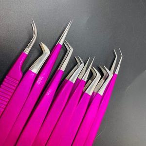 Pince à épiler pour extensions de cils Rabia Miraal Industries, 9 pointes différentes, en acier inoxydable, revêtement poudré rose foncé, pointe argentée - Product Image 2