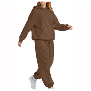 <b>Women's</b> <b>Brown</b> Hooded Full Length Regular Fit Vintage Casual Solid Color 2 Piece <b>Tracksuit</b> 100% Cotton Material OEM Custom Logo - Product Image 5