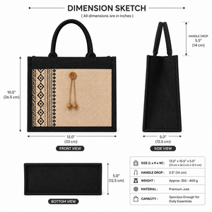 black laminated jute tote bag with ethnic print wooden button eco friendly reusable shopping <b>handbag</b> - Product Image 2