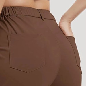 Pantalon cargo taille haute pour femme, couleur unie, coupe ample, longueur complète, taille élastique, pantalon décontracté streetwear avec poches, marron - Product Image 3