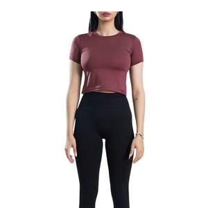 Custom Women Fitness Crop Top Short Sleeve Crew Neck T Shirt Slim Fit <b>Stretch</b> Gym Workout Running Yoga Top Breathable Activewear - Product Image 3