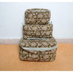 Elegant Handcrafted 3pc Quilted Vanity Pouch Set Organic Cotton Floral Motifs Water-Resistant Lining Multipurpose Storage Bags - Product Image 3