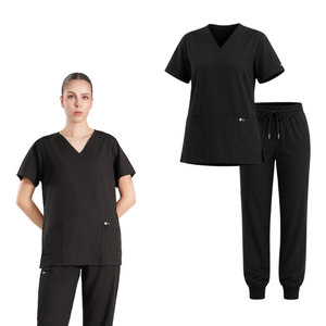 Ensemble de blouses médicales noires pour femmes, haut à col en V avec poches et pantalon de jogging, uniformes d'hôpital, tissu polyester tissé - Product Image 1