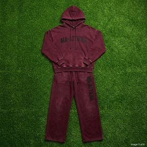 Conjunto de Sudadera con Capucha Oversize Lavada Color Borgoña y Pantalones Anchos de Chándal Estilo Urbano OEM al por Mayor - Product Image 6