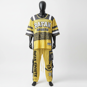 ชุดกางเกงเจอร์ซีย์ตาข่ายพรีเมียมสำหรับผู้ชาย 180 GSM ผ้าโพลีเอสเตอร์ระบายอากาศได้ดี สีเหลืองดำ ดีไซน์แผงสี  โลโก้สั่งทำได้ ชุด 2 ชิ้น สำหรับผู้ชาย - Product Image 6