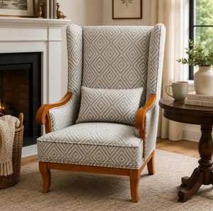 Traditional <b>Wing</b> Back Living Room <b>Chair</b> With Grey Fabric Upholstery and Wooden Legs Modern Leisure Design - Product Image 3