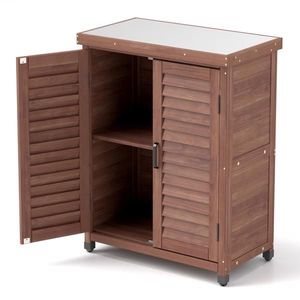 Outdoor Patio Garden Furniture Potting <b>Bench</b> with Storage Cabinet <b>Metal</b> Table Top Wood Workstation 31x17x36 Coffee 31x17x36 - Product Image 6
