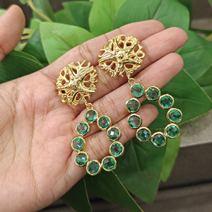 ผู้ค้าส่งต่างหูทรงกลมประดับด้วยไฮโดรควอตซ์ ตัวเรือนทองเหลืองชุบทอง 18k สไตล์โบฮีเมียน เหมาะสำหรับงานปาร์ตี้ เครื่องประดับสำหรับผู้หญิง - Product Image 2